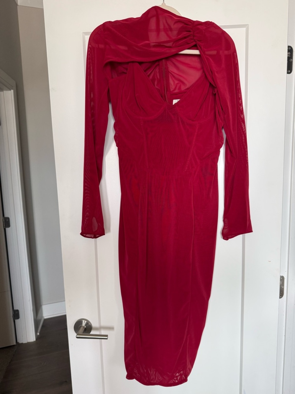 House of CB Red Long-Sleeve Sheer Midi Dress